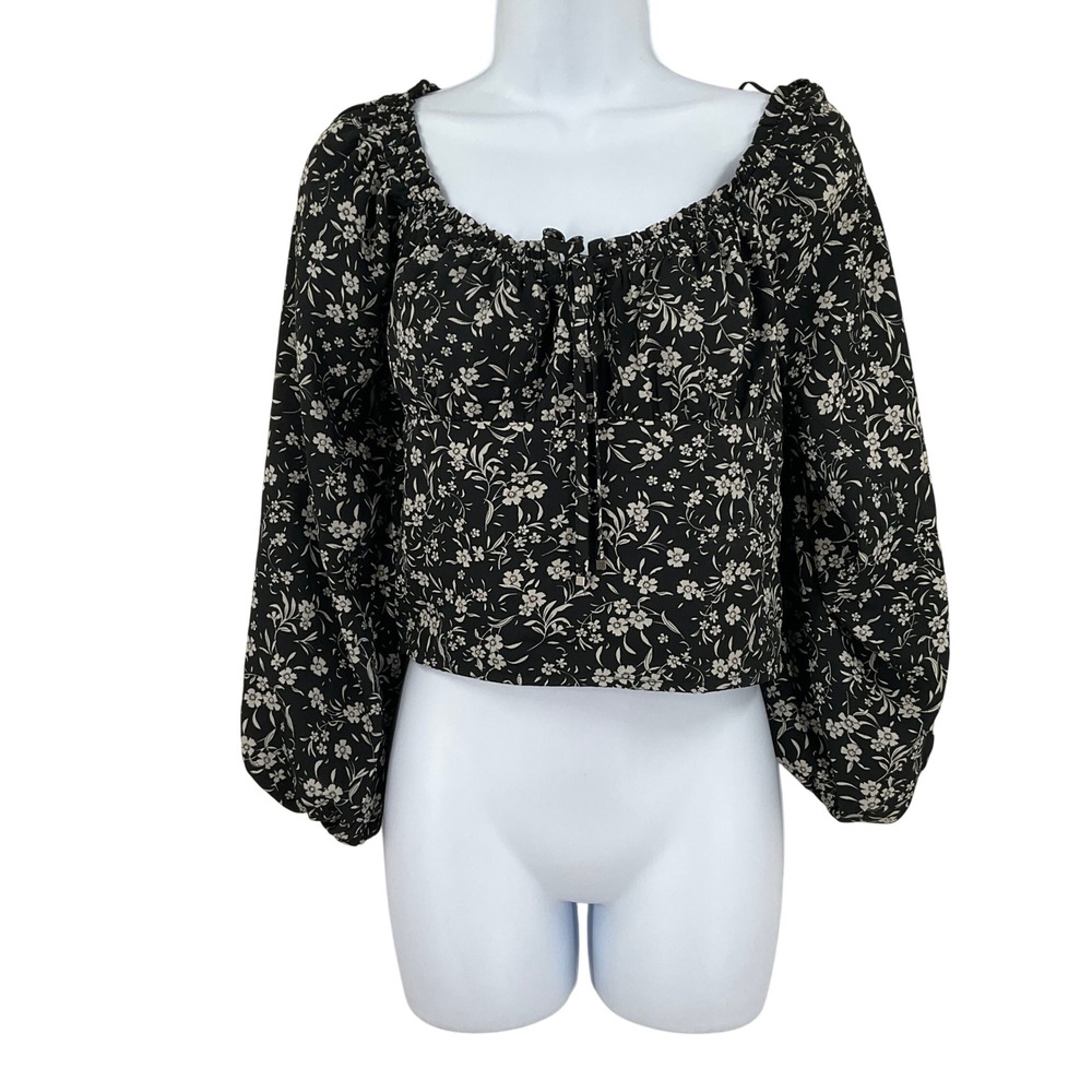 ACoa Top Babydoll Black Floral Smocked Balloon Sleeve Crop Boho Festival Cottage